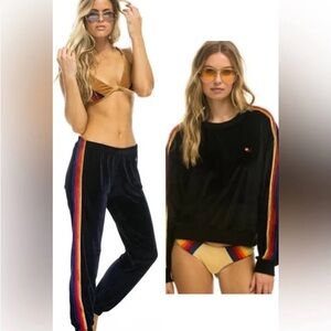 Aviator Nation Black Track Pants with Rainbow Stripes and Hoodie